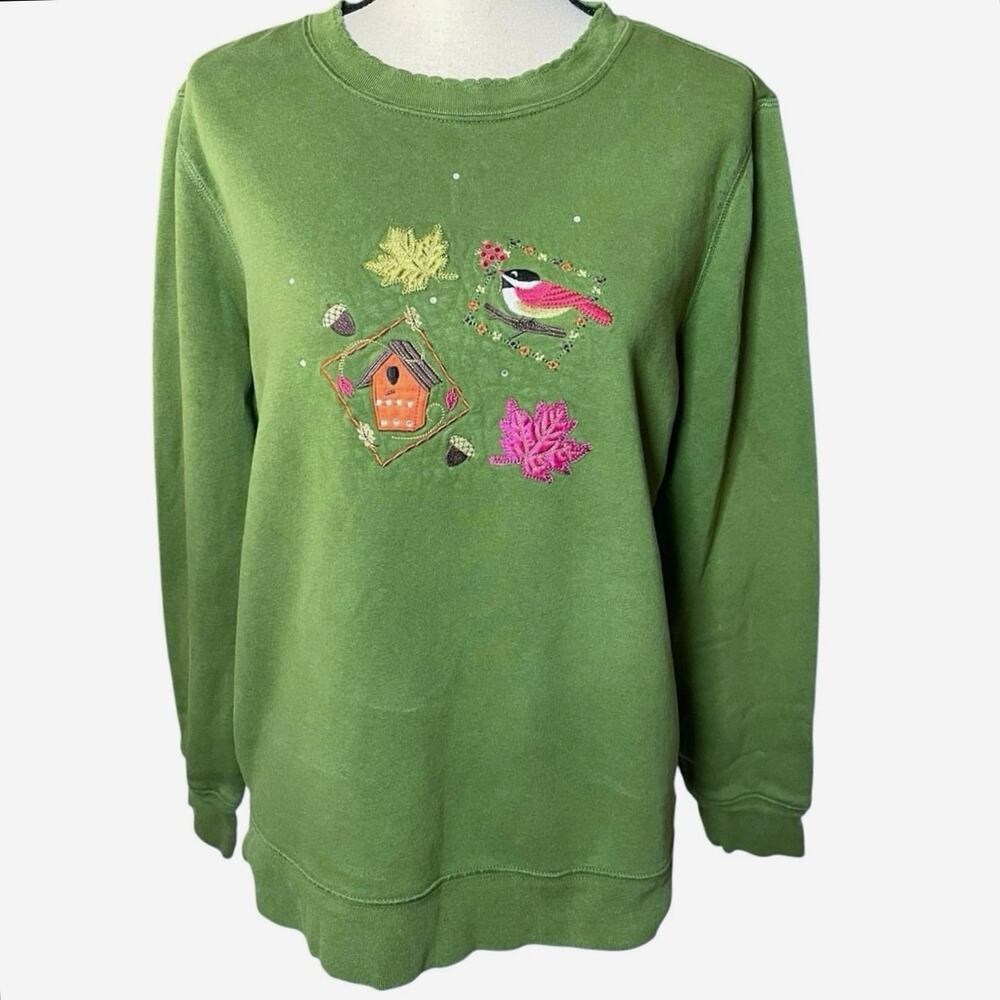 VTG Cottagecore Fall Bird & Leaf Embroidered Green Crewneck Sweatshirt Large